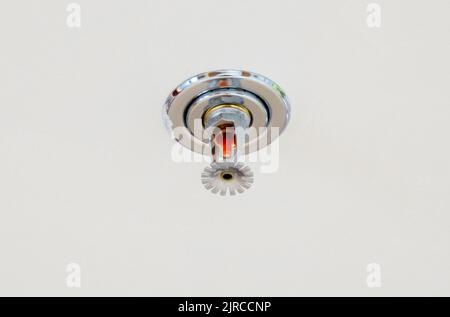 Primo piano dell'impianto antincendio a sprinkler sul soffitto del locale. Concetto - attrezzatura antincendio. Foto Stock