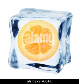kumquat in cubetto di ghiaccio, isolato su sfondo bianco, tracciato di ritaglio, profondità di campo completa Foto Stock