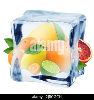 mix di agrumi in cubetto di ghiaccio, isolato su sfondo bianco, percorso di ritaglio, profondità di campo completa Foto Stock