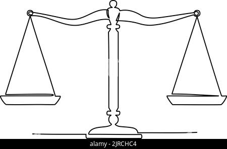 Disegno a linea continua della scala di giustizia. Simbolo di equilibrio della legge. Illustrazione vettoriale Illustrazione Vettoriale