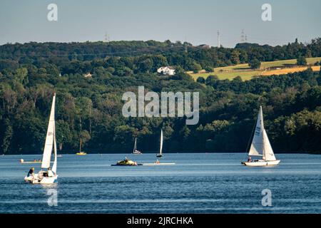 Parte nord-orientale del lago Baldeney, vista verso Langenberger Sender, barche a vela, Essen, NRW, Germania, Foto Stock