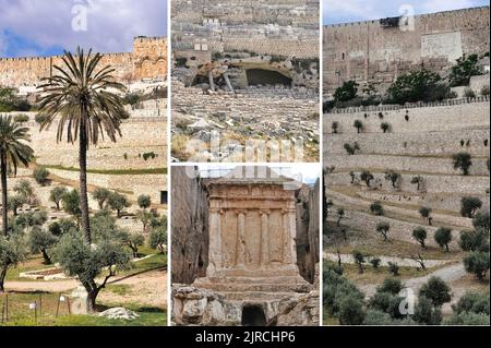 La Valle di Kidron, un luogo di uliveti, antiche tombe e monumenti funerari, divide il Monte del Tempio di Gerusalemme dal Monte degli Ulivi. Foto Stock