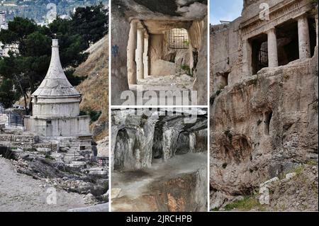 La Valle di Kidron, un luogo di uliveti, antiche tombe e monumenti funerari, divide il Monte del Tempio di Gerusalemme dal Monte degli Ulivi. Foto Stock