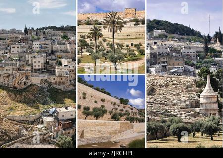 La Valle di Kidron, un luogo di uliveti, antiche tombe e monumenti funerari, divide il Monte del Tempio di Gerusalemme dal Monte degli Ulivi. Foto Stock