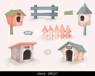 Set di doghe, birdhouses e recinzioni. Case di legno colorate in stile cartoon, alimentatori. Barchitecture. Illustrazione Vettoriale