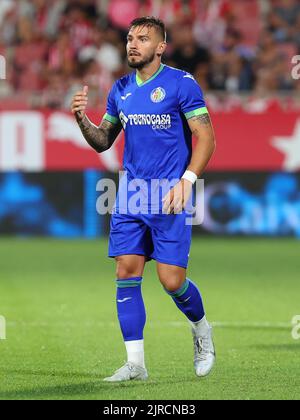 Girona, Spagna. 22nd ago, 2022. Portu di Getafe CF durante la partita la Liga tra Girona FC e Getafe CF allo stadio Municipal de Montilivi di Girona, Spagna. Credit: DAX Images/Alamy Live News Foto Stock