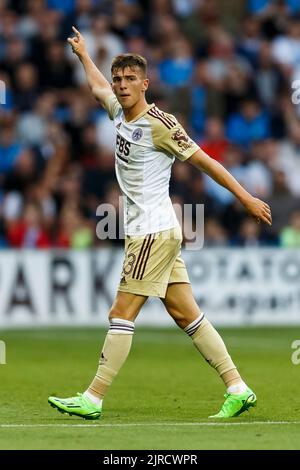 Manchester, Regno Unito. 23rd ago, 2022. Luke Thomas di Leicester City durante la seconda partita della Carabao Cup tra Stockport County e Leicester City a Edgeley Park il 23rd 2022 agosto a Manchester, Inghilterra. (Foto di Daniel Chesterton/phcimages.com) Credit: PHC Images/Alamy Live News Foto Stock