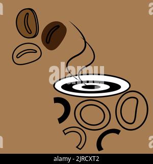 Caffè in grani e tazza stilizzata Abstract con getti di vapore. Sfondo astratto. Linea Art. Stampa design alla moda. Stile di vita. Logo. Buon giorno di caffè. Adatto per poster, complimenti Illustrazione Vettoriale