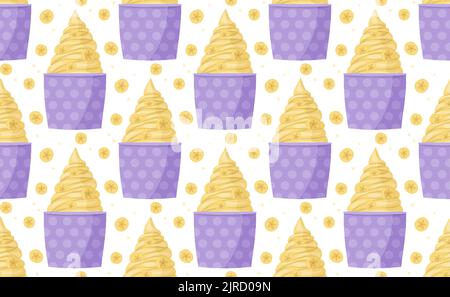 Gelato alla banana in tazza viola senza cuciture. Succoso fresco estate stampa icona carta da parati motivo tovagliolo ad decor capretto vacanza dolce ristorante menu moderno handmade wrapping carta sito tessile Illustrazione Vettoriale