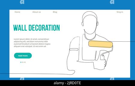 Concetto di riparazione a domicilio. Pagina di destinazione del sito Web. I lavoratori dei riparatori stanno facendo lavori della casa. Personaggi di Cartoon Paint pareti e mettere Tile. Illustrazione del vettore del contorno lineare. Illustrazione Vettoriale