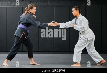 Karate formazione, handshake ed esercizio di studenti sportivi femminili in procinto di iniziare l'allenamento. Fitness studentesco e allenamento in palestra delle donne che imparano a fare Foto Stock