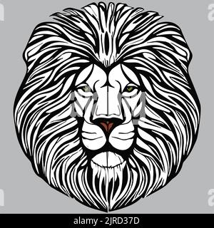 Testa di leone con mane lunga. Linea vettoriale art Illustrazione Vettoriale