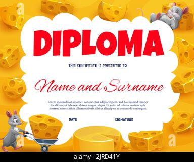 Diploma per bambini, maasdam, formaggio emmental e topo cartoon, certificato di educazione vettoriale. Diploma di apprezzamento scolastico con teste di formaggio e topi con carriola, premio di conseguimento asilo Illustrazione Vettoriale