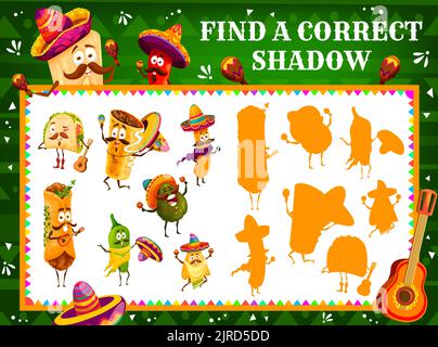 Trova l'ombra corretta di cartoni animati messicani tacos, avocado e enchiladas , burrito e nachos, churros e jalapeno caratteri. I bambini trovano il foglio di lavoro del vettore del gioco d'ombra o del riddle con l'attività corrispondente Illustrazione Vettoriale