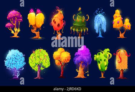Cartone fantasy alberi e piante alieni luminosi. Piante di foresta di magia vettoriale isolate con scintille, corone incandescenti colorate, funghi e affioramenti. Bush e fiori da favola strani Illustrazione Vettoriale