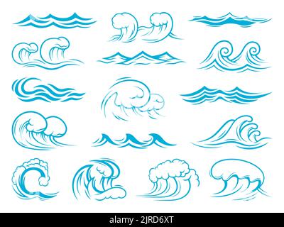 Icone delle onde marine e oceaniche, tsunami, onde da surf. Set di vettori isolati di spruzzi, increspature, arricciature e rotture del turchese blu. Simboli di tempesta marina e nautica, vortici schiumosi, elementi di onde maree Illustrazione Vettoriale