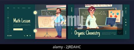 Landing page per l'istruzione scolastica. Gli insegnanti di matematica e chimica organica spiegano le classi alla lavagna con le formule. Tutor uomo e donna che insegnano agli studenti, illustrazione vettoriale di Cartoon, banner web Illustrazione Vettoriale