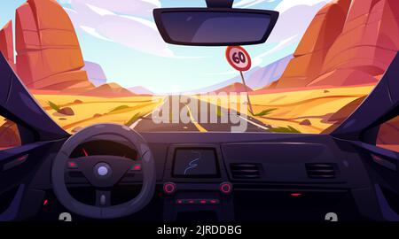 Strada con vista nel deserto dall'interno dell'auto attraverso il parabrezza. Paesaggio con rocce e sabbia, autostrada diritta con limitazione dei segnali di velocità, prospettiva strada asfaltata, Cartoon vettoriale illustrazione Illustrazione Vettoriale