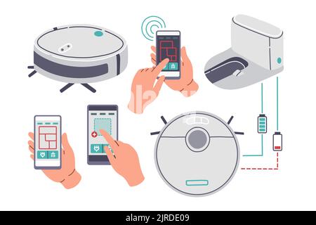 Set aspirapolvere robot con design piatto Vector Illustrazione Vettoriale