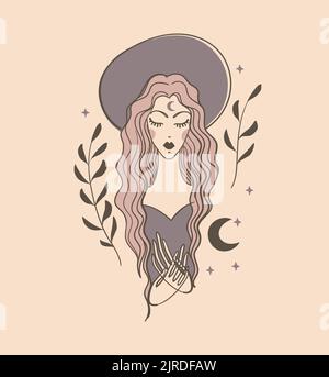 Bella ragazza boho con capelli lunghi in un cappello, ritratto esoterico femminile, avatar, icona bohémien. Schizzo di bella donna di moda, illustrazione vettoriale Illustrazione Vettoriale