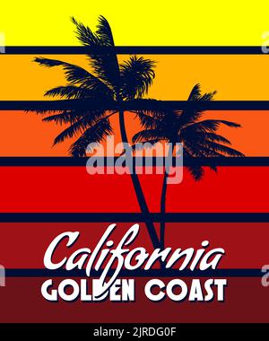 California Golden Coast T-shirt tipografia tramonto stampa design. Poster retrò palme silhouettes, gradiente, tipografia. Illustrazione vettoriale Illustrazione Vettoriale