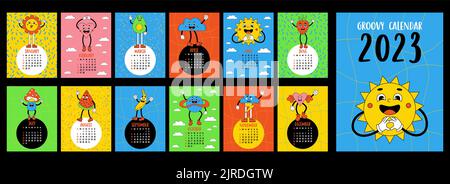 Modello calendario retrò 2023 con stile groovy. Cartone animato personaggi comici divertenti fiore potenza, sole, cuore con le mani e i piedi gloved. Vettore. Verticale s Illustrazione Vettoriale