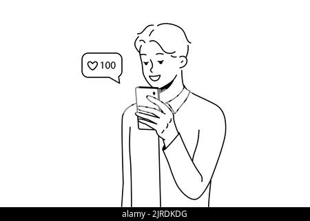 Sorridente giovane uomo utilizzando il cellulare raccogliere mi piace sui social media. Felice maschio guardare lo schermo del telefono cellulare ottenere il riconoscimento dagli abbonati. Illustrazione vettoriale. Illustrazione Vettoriale