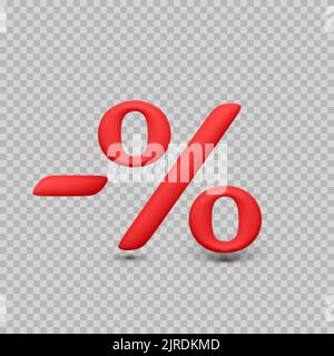 Carattere percentuale 3D con il segno meno. Simbolo percentuale rosso su sfondo trasparente. Illustrazione vettoriale Illustrazione Vettoriale
