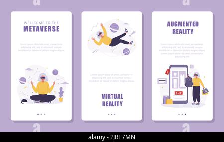 Concetto metaverse. Set di banner per dispositivi mobili. Donne anziane che indossano il visore VR. Aumentare la realtà e il Cyberspace. Intrattenimento tecnologico moderno. Vettore Illustrazione Vettoriale