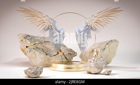 elegante scena di sfondo astratto in oro di lusso con rocce di marmo e ali con anello d'oro in uno studio a sfondo liscio - 3d resa di podio or Foto Stock