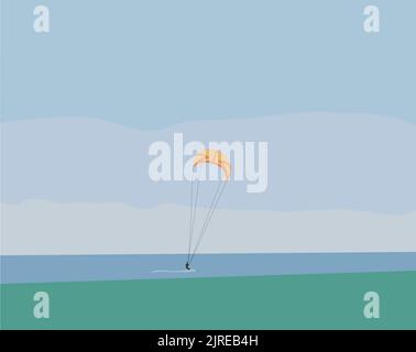 paesaggio vettore un kite boarder è surf in acqua, piatta illustrazione con colori retrò, blu, verde e giallo. Illustrazione Vettoriale