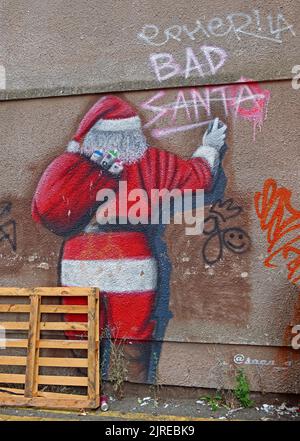 Bad Santa di @SecaOneArt , scrivendo su un muro, a Blackpool, graffiti, 67 Church St, Blackpool, Lancashire, Inghilterra, Regno Unito, FY1 1HU Foto Stock