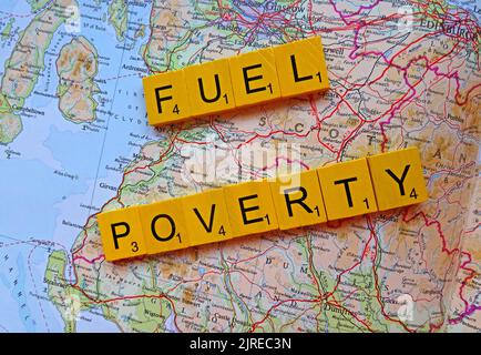 Mappa che mostra la Scozia centrale, con le parole Fuel povert spelled out. Più della metà delle famiglie britanniche in tutta la Gran Bretagna sceglieranno di mangiare o riscaldare Foto Stock