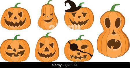 Halloween zucca vettore 7 icone set, emozione variazione. Elementi di design semplici e piatti. Zucche Jack-o-lanterna Illustrazione Vettoriale
