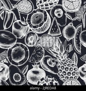 Fruits design di fondo senza cuciture. Stile inciso. Banane disegnate a mano, kiwi ecc. Illustrazione Vettoriale