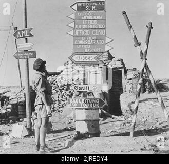Una foto d'epoca del 1941 che mostra un soldato britannico che guarda i cartelli militari tedeschi e italiani di fronte a un bunker di sacchi di sabbia dopo l'assedio di Tobruk Libia Nord Africa durante la seconda guerra mondiale Foto Stock