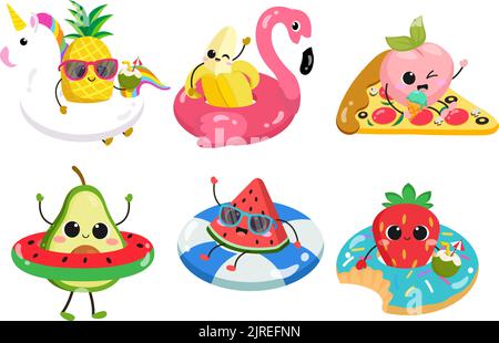 Un mazzo di simpatici adesivi di frutta isolati su sfondo bianco. Illustrazione Vettoriale