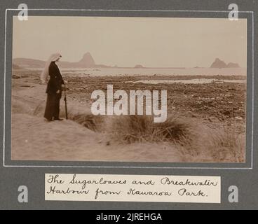 La nostra luna di miele all'incantevole New Plymouth. Dal 14 al 20 dicembre 1915: Le Sugarloaves e il Breakwater Harbour dal Kawaroa Park. Dall'album: Fotografie di famiglia. [1914-1917], 1915, New Plymouth, di Leslie Adkin. Foto Stock