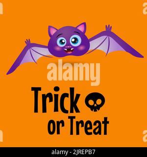 Trucco o trattare il testo di Halloween con simpatico bat divertente su sfondo arancione. Illustrazione Vettoriale