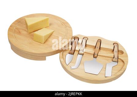 Un tagliere di formaggio di legno circolare che si apre per rivelare una selezione di quattro diversi coltelli di formaggio. Isolato su bianco con percorso tagliato Foto Stock