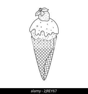Delimita il gelato in un cono di waffle con glassa, glassa e fragola. Estate dolce cibo. Delizioso dessert congelato. Scottatura lineare vettoriale blac disegnato a mano Illustrazione Vettoriale