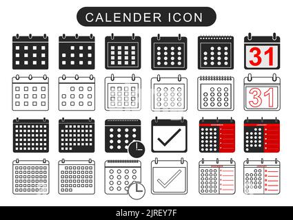 Set di raccolte di icone del calendario. Contrassegnare l'app agenda, l'ora, l'orologio, la scadenza, l'icona della pagina della data e contrassegnare come fatto, sì, riuscito, controllare, approvato, confermare. Illustrazione Vettoriale