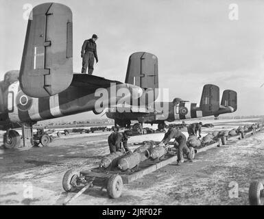 Royal Air Force - la seconda forza aerea tattica, 1943-1945. RAF e navali olandesi gli equipaggi di terra preparare per il carico da 500 lb MC bombe nel nord americano Mark Mitchell IIs di n. 98 Squadron RAF, in condizioni invernali a B58/Melsbroek, Belgio. Foto Stock