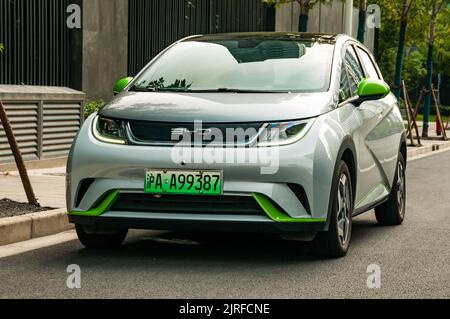 BYD Dolphin piccola auto elettrica hatchback fotografata a Shanghai, Cina. Foto Stock