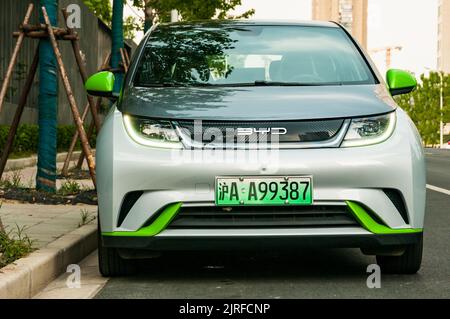 BYD Dolphin piccola auto elettrica hatchback fotografata a Shanghai, Cina. Foto Stock