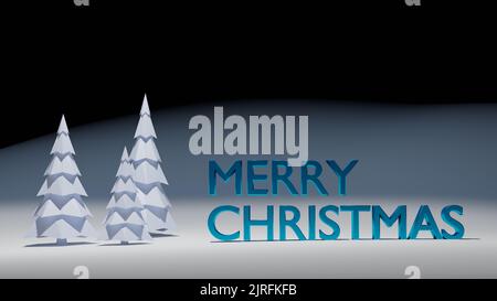 Buon biglietto d'auguri di Natale. Semplice illustrazione in polietilene basso con alberi bianchi e testo blu, collocato sulla neve. Semplice design retrò, rendering 3D. Foto Stock