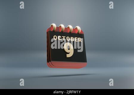 Calendario da tavolo in piedi nero e rosso mese con data di ottobre 9. Design moderno con elementi dorati, illustrazione in 3D. Backgro grigio blu Foto Stock