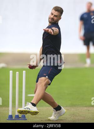 Aiden Markram del Sud Africa durante una sessione sulle reti presso Emirates Old Trafford, Manchester. Data immagine: Mercoledì 24 agosto 2022. Foto Stock