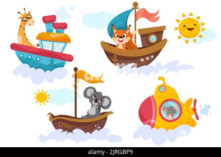 Set di simpatici animali infantili che navigano sul trasporto marittimo. Divertente koala in barca, mouse in sottomarino, volpe sorridente in nave e giraffa in nave a vapore. Personaggi del capitano del bambino del cartone animato in viaggio marino Illustrazione Vettoriale