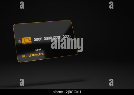 carta di credito con chip dorato e cornice su sfondo scuro in plastica nera premium. illustrazione di rendering 3d Foto Stock